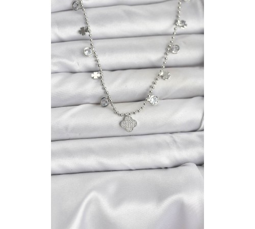 Pirinç Gümüş Renk Yonca Model Kadın Kolye