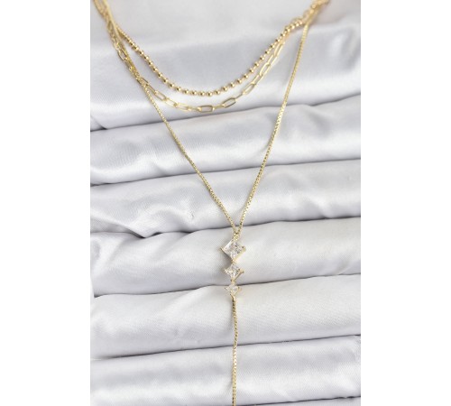 Pirinç Gold Renk Zirkon Taş Detaylı 3'lü Kombin Y Kadın Kolye