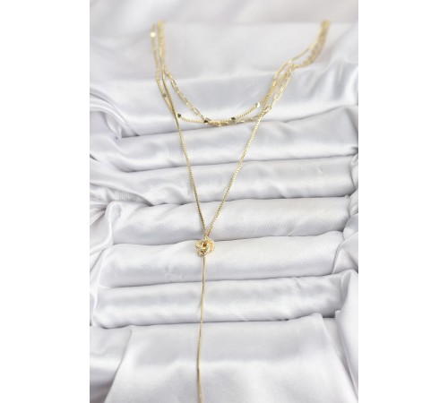 Pirinç Gold Renk Düğüm Model Detaylı 3'lü Kombin Y Kadın Kolye