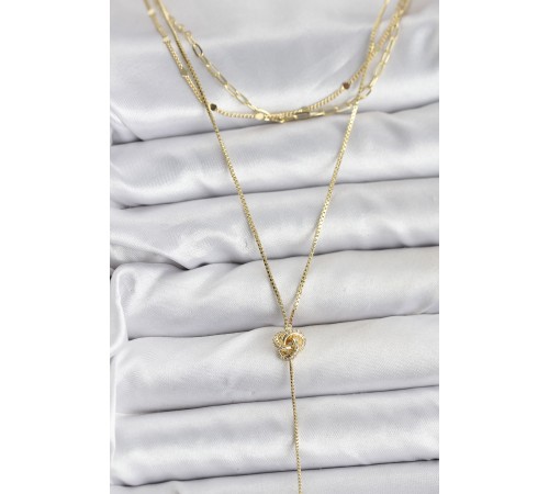 Pirinç Gold Renk Düğüm Model Detaylı 3'lü Kombin Y Kadın Kolye