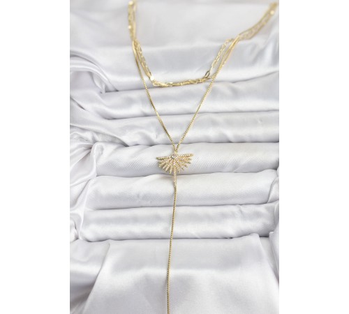 Pirinç Gold Renk Zirkon Taşlı Yelpaze Model Detaylı 3'lü Kombin Y Kadın Kolye