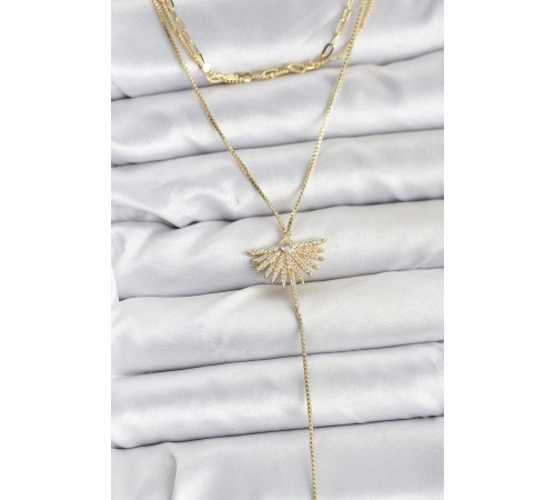 Pirinç Gold Renk Zirkon Taşlı Yelpaze Model Detaylı 3'lü Kombin Y Kadın Kolye