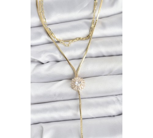 Pirinç Gold Renk Zirkon Taşlı Papatya Model Detaylı 3'lü Kombin Y Kadın Kolye