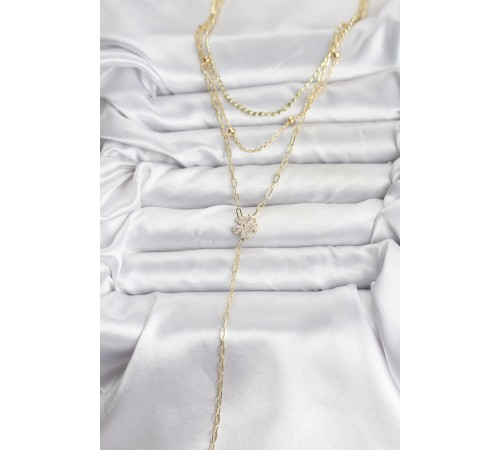 Pirinç Gold Renk Zirkon Taşlı Çiçek Model Detaylı 3'lü Kombin Y Kadın Kolye