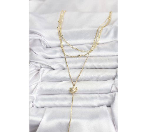 Pirinç Gold Renk Zirkon Taşlı Güneş Model Detaylı 3'lü Kombin Y Kadın Kolye