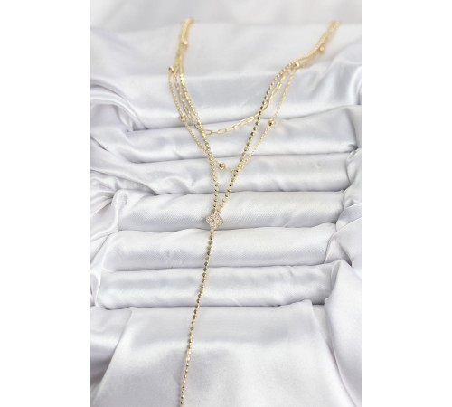 Pirinç Gold Renk Zirkon Taşlı Yonca Model Detaylı 3'lü Kombin Y Kadın Kolye