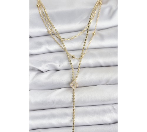 Pirinç Gold Renk Zirkon Taşlı Yonca Model Detaylı 3'lü Kombin Y Kadın Kolye