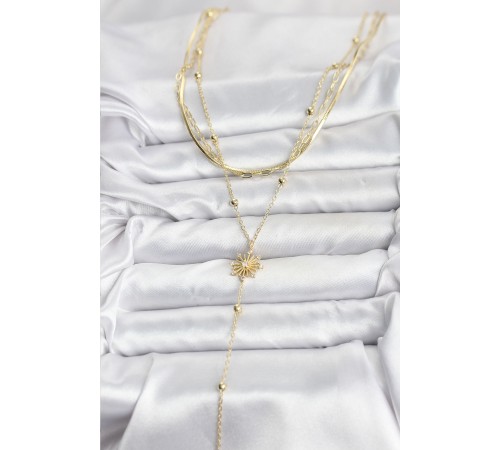 Pirinç Gold Renk Zirkon Taşlı Model Detaylı 3'lü Kombin Y Kadın Kolye