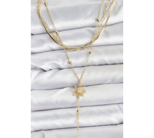 Pirinç Gold Renk Zirkon Taşlı Model Detaylı 3'lü Kombin Y Kadın Kolye