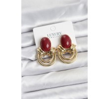 Pirinç Gold Renk Bordo Taşlı Vintage Kadın Küpe