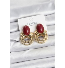 Pirinç Gold Renk Bordo Taşlı Vintage Kadın Küpe