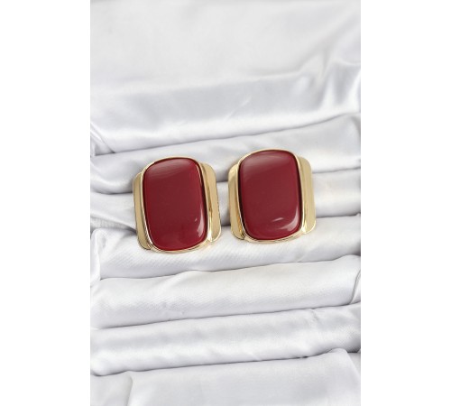 Pirinç Gold Renk Bordo Plaka Vintage Kadın Küpe