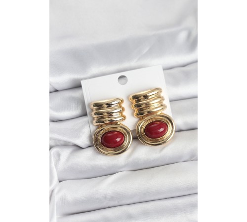 Pirinç Gold Bordo Renk Vintage Kadın Küpe