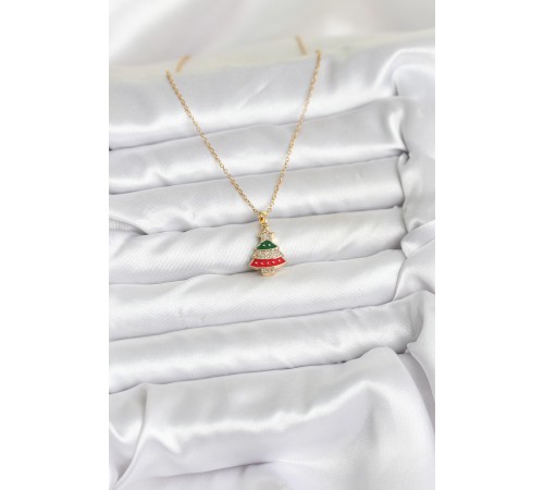 316L Çelik Zincir Gold Ren Çam Ağacı Model Zirkon Taşlı Yılbaşı Temalı Kadın Kolye