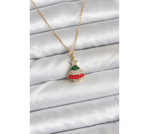 316L Çelik Zincir Gold Ren Çam Ağacı Model Zirkon Taşlı Yılbaşı Temalı Kadın Kolye