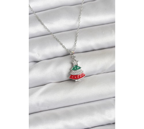 316L Çelik Zincir Gümüş Ren Çam Ağacı Model Zirkon Taşlı Yılbaşı Temalı Kadın Kolye