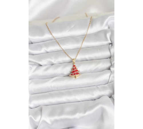 316L Çelik Zincir Gold Renk Kırmızı Çam Ağacı Model Yılbaşı Temalı Kadın Kolye