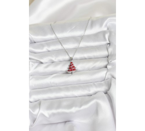 316L Çelik Zincir Gümüş Renk Kırmızı Çam Ağacı Model Yılbaşı Temalı Kadın Kolye