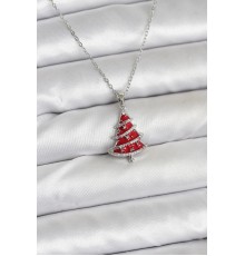 316L Çelik Zincir Gümüş Renk Kırmızı Çam Ağacı Model Yılbaşı Temalı Kadın Kolye