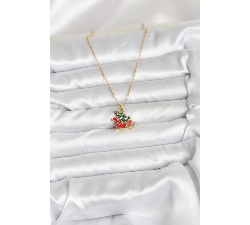 316L Çelik Zincir Gold Renk Kızak ve Çam Ağacı Figürlü Yılbaşı Temalı Kadın Kolye