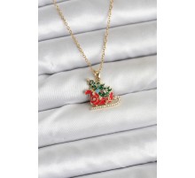 316L Çelik Zincir Gold Renk Kızak ve Çam Ağacı Figürlü Yılbaşı Temalı Kadın Kolye
