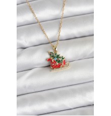 316L Çelik Zincir Gold Renk Kızak ve Çam Ağacı Figürlü Yılbaşı Temalı Kadın Kolye