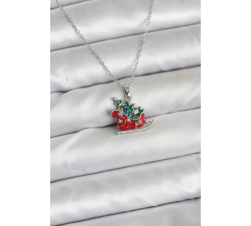 316L Çelik Zincir Gümüş Renk Kızak ve Çam Ağacı Figürlü Yılbaşı Temalı Kadın Kolye