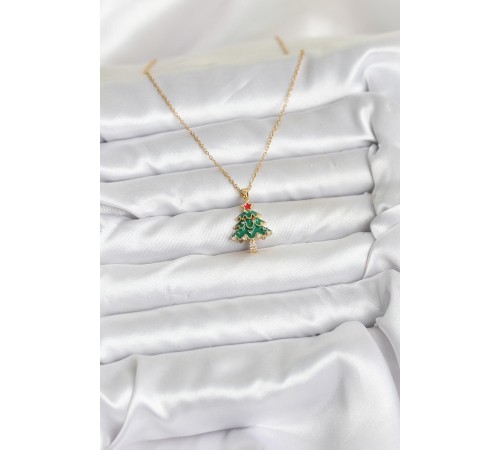 316L Çelik Zincir Gold Renk Çam Ağacı Model Yılbaşı Temalı Kadın Kolye