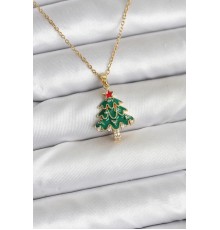 316L Çelik Zincir Gold Renk Çam Ağacı Model Yılbaşı Temalı Kadın Kolye