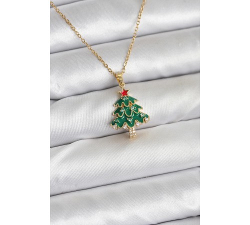 316L Çelik Zincir Gold Renk Çam Ağacı Model Yılbaşı Temalı Kadın Kolye