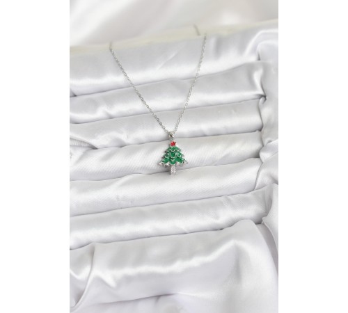 316L Çelik Zincir Gümüş Renk Çam Ağacı Model Yılbaşı Temalı Kadın Kolye