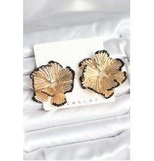 Pirinç Gold Renk Siyah Mine Detaylı Lotus Kadın Küpe