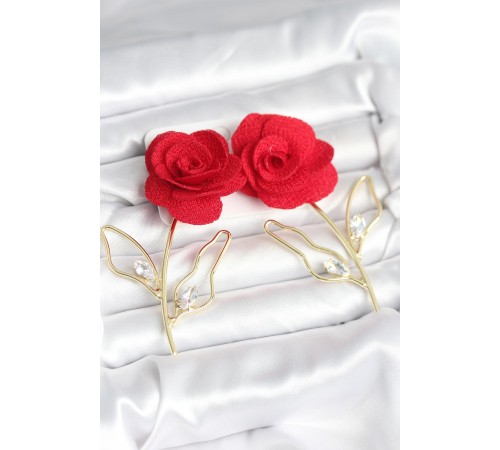 Pirinç Gold Renk Kırmızı Gül Model Kadın Küpe