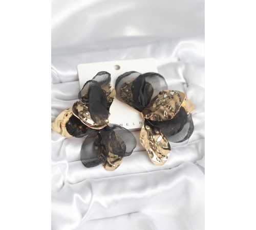 Pirinç Gold Renk Siyah Tüllü Lotus Kadın Küpe