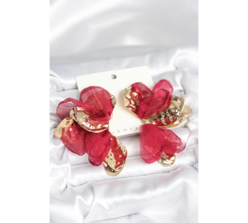 Pirinç Gold Renk Bordo Tüllü Lotus Kadın Küpe