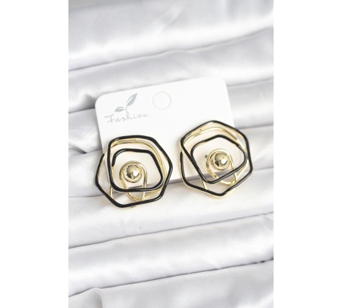 Pirinç Gold Renk Siyah Mineli Geometrik Gül Model Kadın Küpe