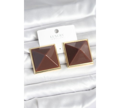 Pirinç Gold Renk Kahverengi Piramit Model Kadın Küpe