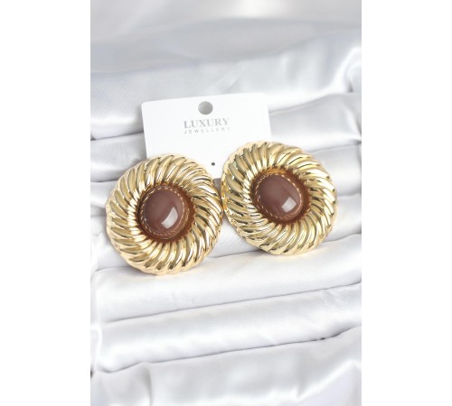 Pirinç Gold Renk Kahverengi Boncuklu Vintage Kadın Küpe