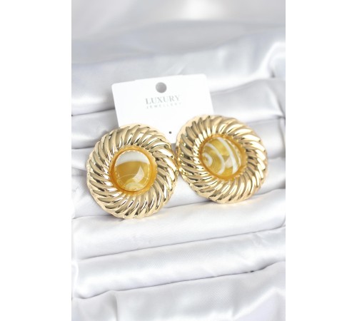 Pirinç Gold Renk Kehribar Boncuklu Vintage Kadın Küpe