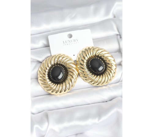 Pirinç Gold Renk Siyah Boncuklu Vintage Kadın Küpe