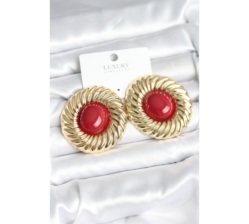 Pirinç Gold Renk Bordo Boncuklu Vintage Kadın Küpe