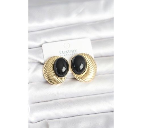 Pirinç Gold Renk Siyah Boncuklu Oval Vintage Kadın Küpe