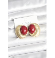 Pirinç Gold Renk Bordo Boncuklu Oval Vintage Kadın Küpe
