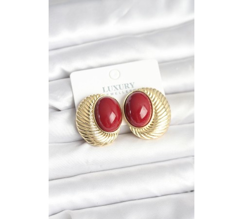 Pirinç Gold Renk Bordo Boncuklu Oval Vintage Kadın Küpe