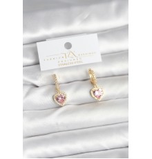 Pirinç Gold Pembe Renk Zirkon Taşlı Kalp Model Kadın Küpe