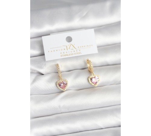 Pirinç Gold Pembe Renk Zirkon Taşlı Kalp Model Kadın Küpe