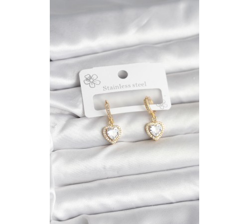 Pirinç Gold Renk Zirkon Taşlı Kalp Model Kadın Küpe