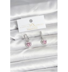 Pirinç Gümüş Pembe Renk Zirkon Taşlı Kalp Model Kadın Küpe