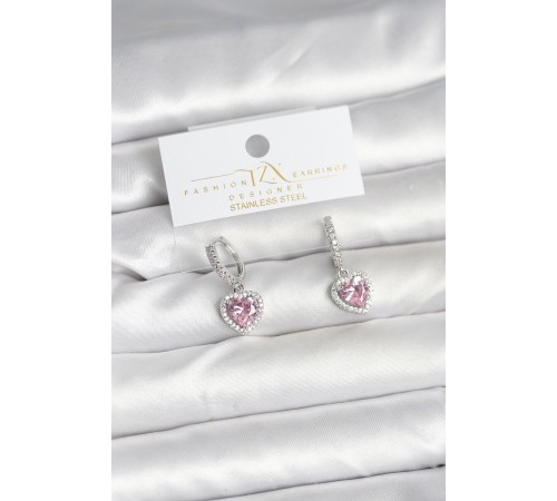 Pirinç Gümüş Pembe Renk Zirkon Taşlı Kalp Model Kadın Küpe
