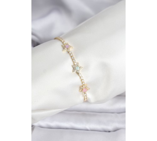 Renkli Yıldız Model Zirkon Taşlı Gold Renk Pirinç Su Yolu Kadın Bileklik